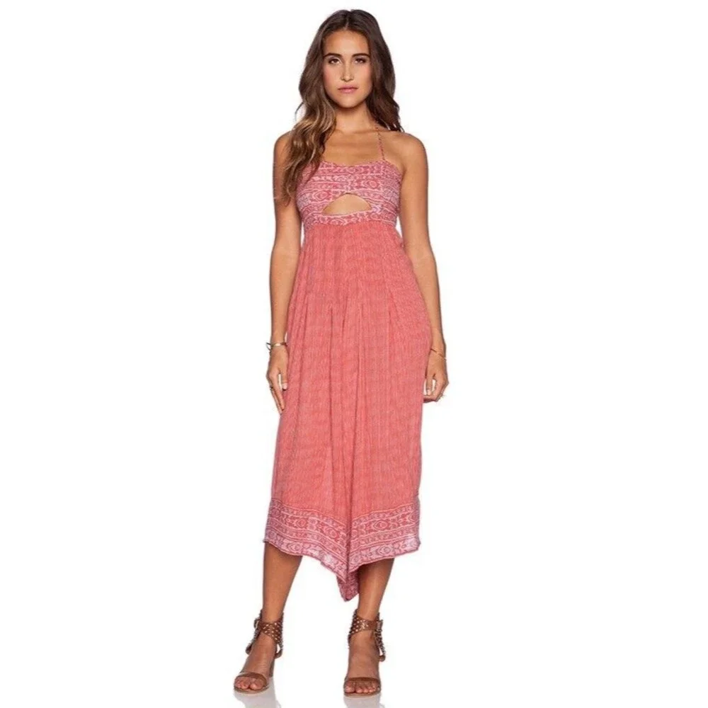 Free People Crystal Bay Wide Leg Jumpsuit Size L Coral Red Halter Smocked Boho
